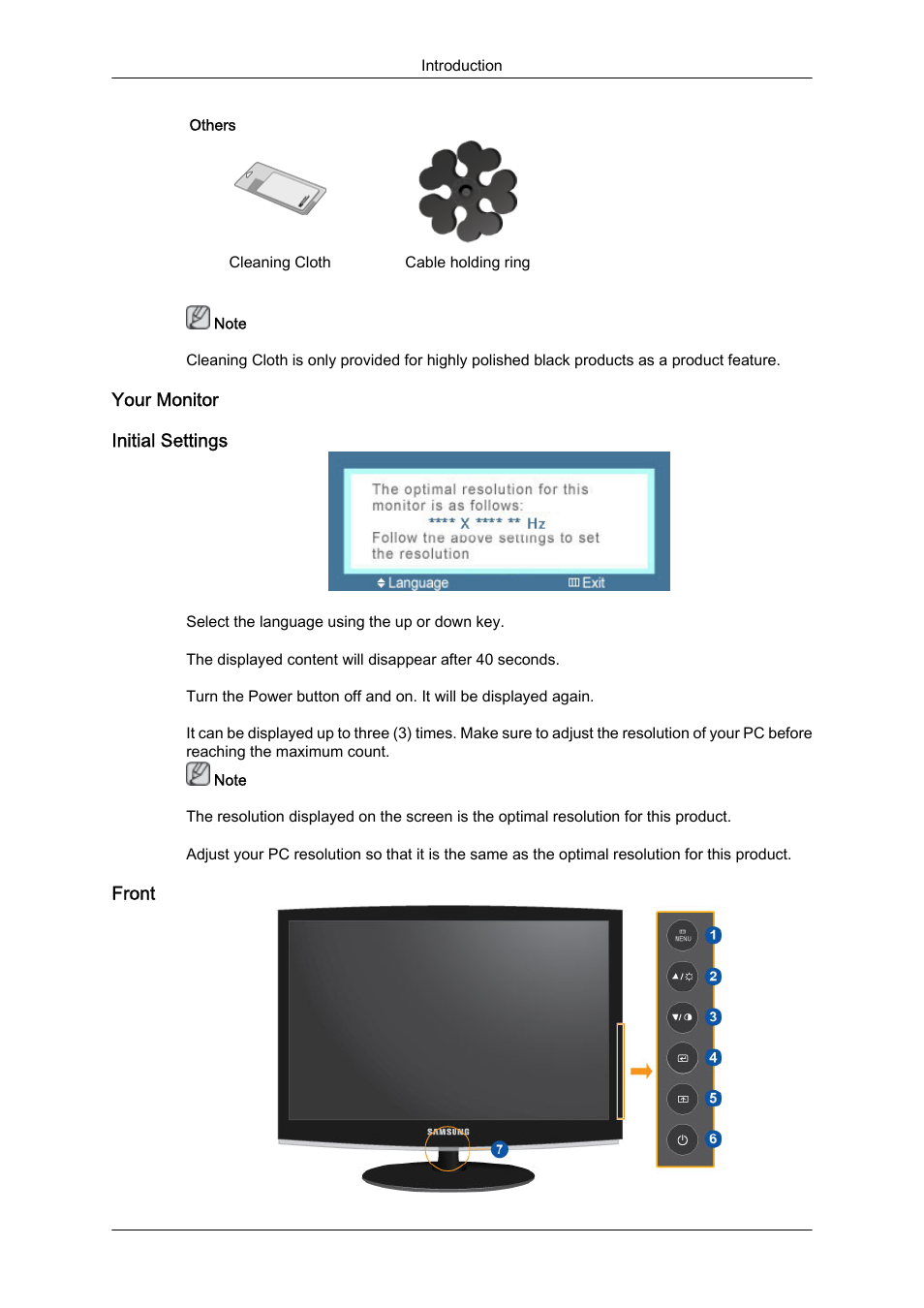Your monitor, Initial settings, Front | Samsung LS22CMFKFV-ZA User Manual | Page 11 / 54