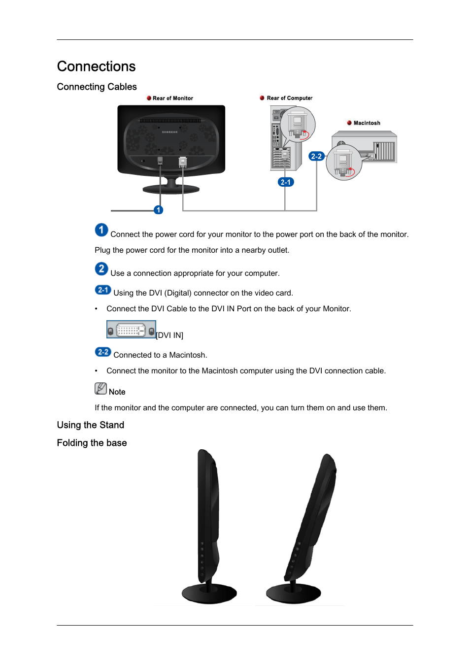Connections, Connecting cables, Using the stand | Folding the base | Samsung LS22CMFKFV-ZA User Manual | Page 15 / 54