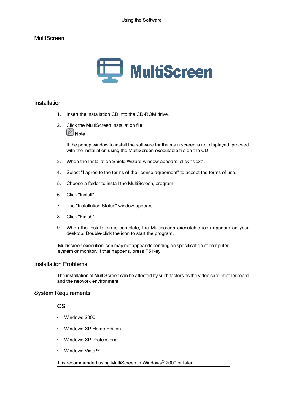 Multiscreen, Installation, Installation problems | System requirements | Samsung LS22CMFKFV-ZA User Manual | Page 27 / 54