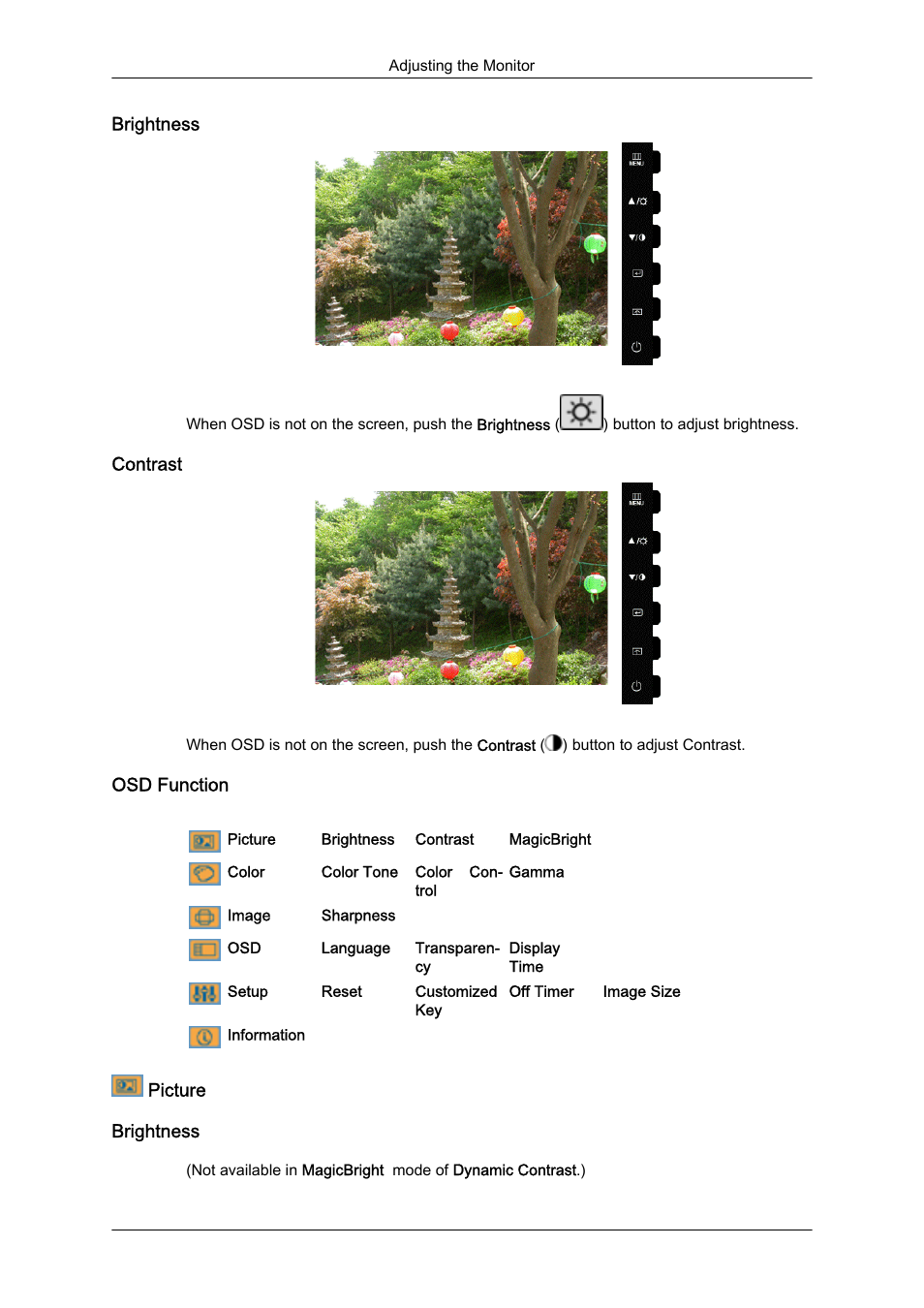 Brightness, Contrast, Osd function | Picture | Samsung LS22CMFKFV-ZA User Manual | Page 30 / 54