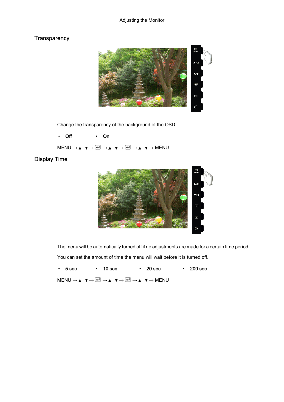Transparency, Display time | Samsung LS22CMFKFV-ZA User Manual | Page 35 / 54