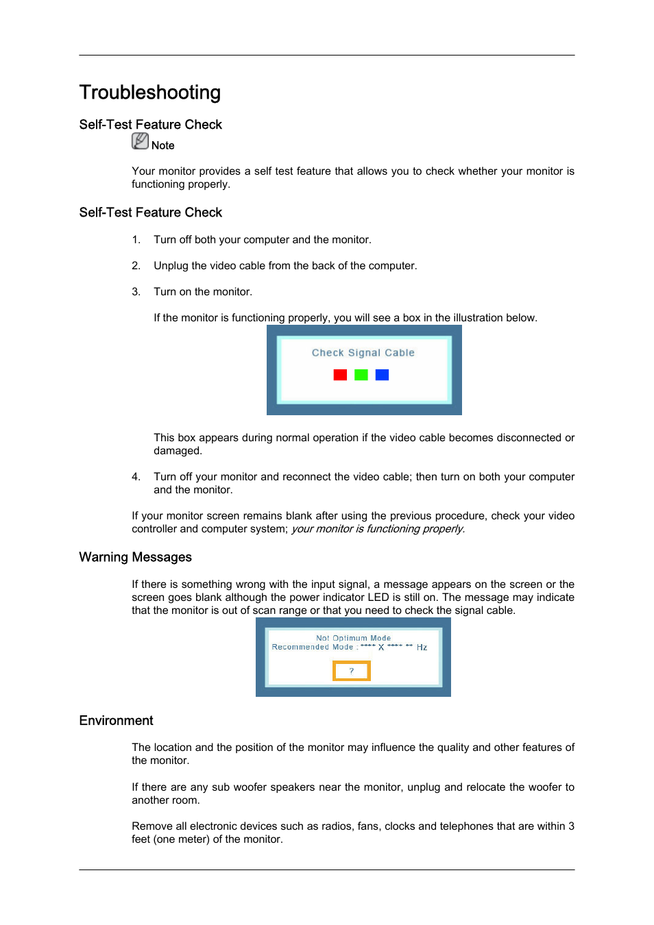 Troubleshooting, Self-test feature check, Warning messages | Environment | Samsung LS22CMFKFV-ZA User Manual | Page 38 / 54