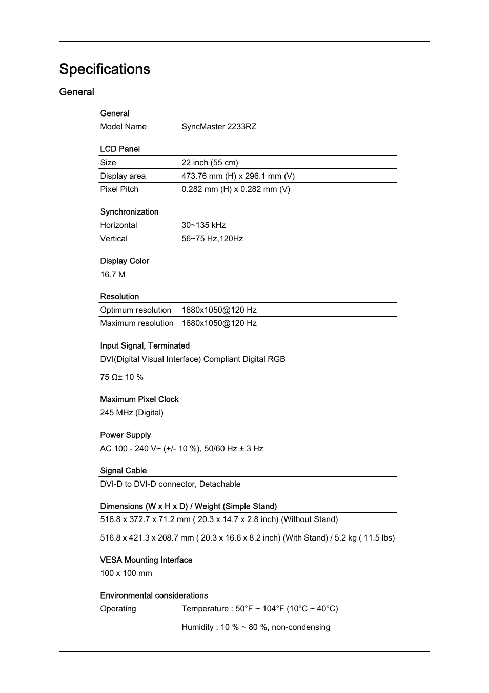 Specifications, General | Samsung LS22CMFKFV-ZA User Manual | Page 43 / 54