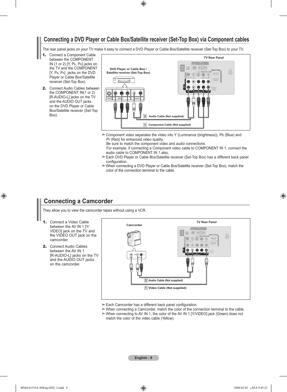 Connecting a camcorder | Samsung LN37A330J1DXZA User Manual | Page 11 / 129