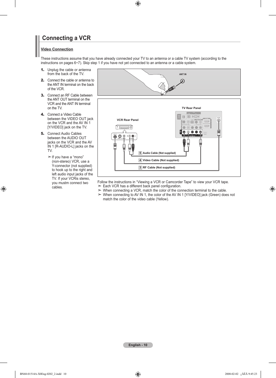 Connecting a vcr | Samsung LN37A330J1DXZA User Manual | Page 12 / 129
