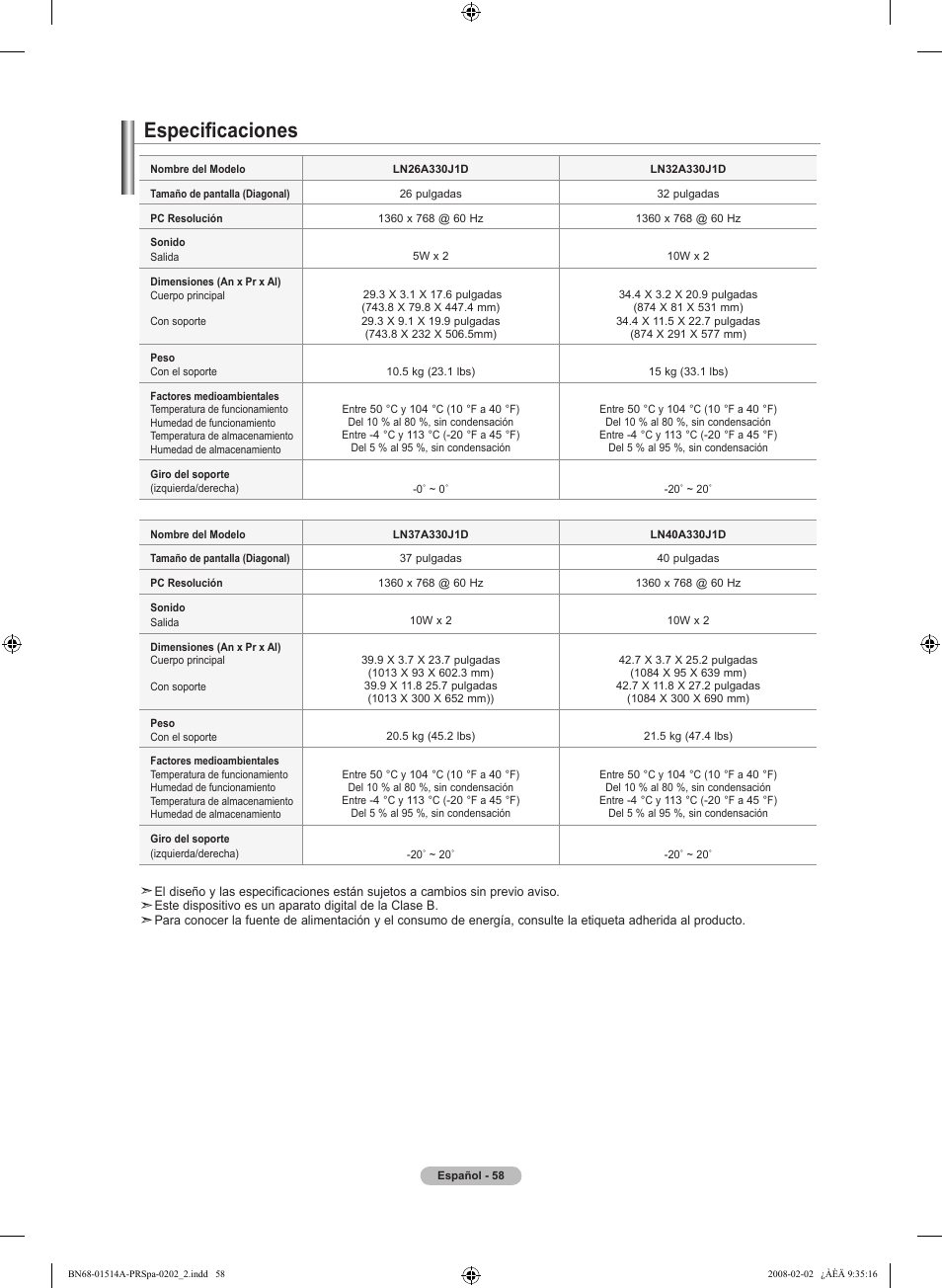 Especificaciones | Samsung LN37A330J1DXZA User Manual | Page 124 / 129