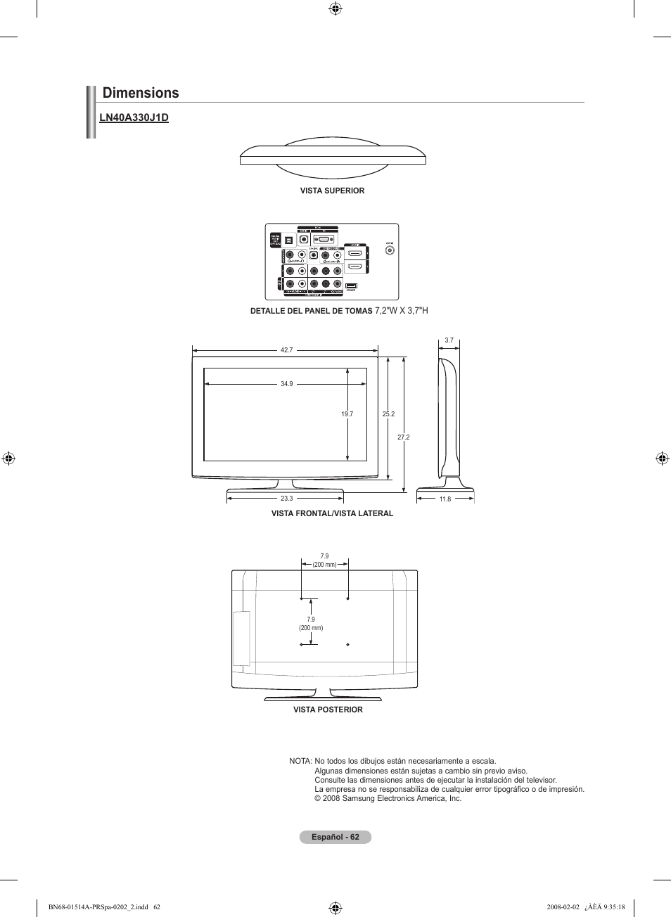 Dimensions, Ln0a0jd | Samsung LN37A330J1DXZA User Manual | Page 128 / 129