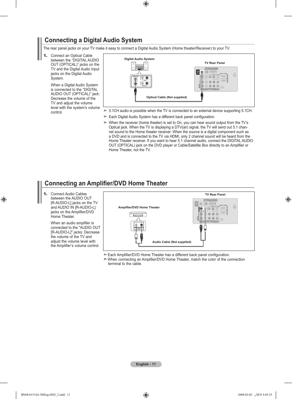 Connecting a digital audio system, Connecting an amplifier/dvd home theater | Samsung LN37A330J1DXZA User Manual | Page 13 / 129