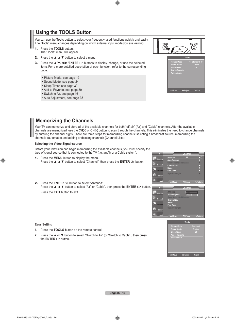 Using the tools button, Memorizing the channels | Samsung LN37A330J1DXZA User Manual | Page 18 / 129