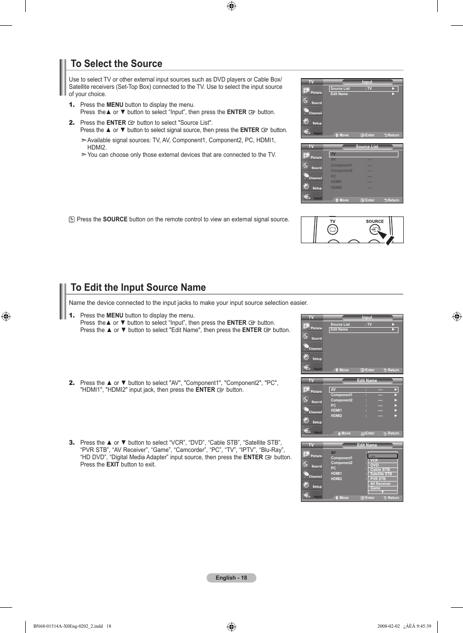 To select the source, To edit the input source name | Samsung LN37A330J1DXZA User Manual | Page 20 / 129