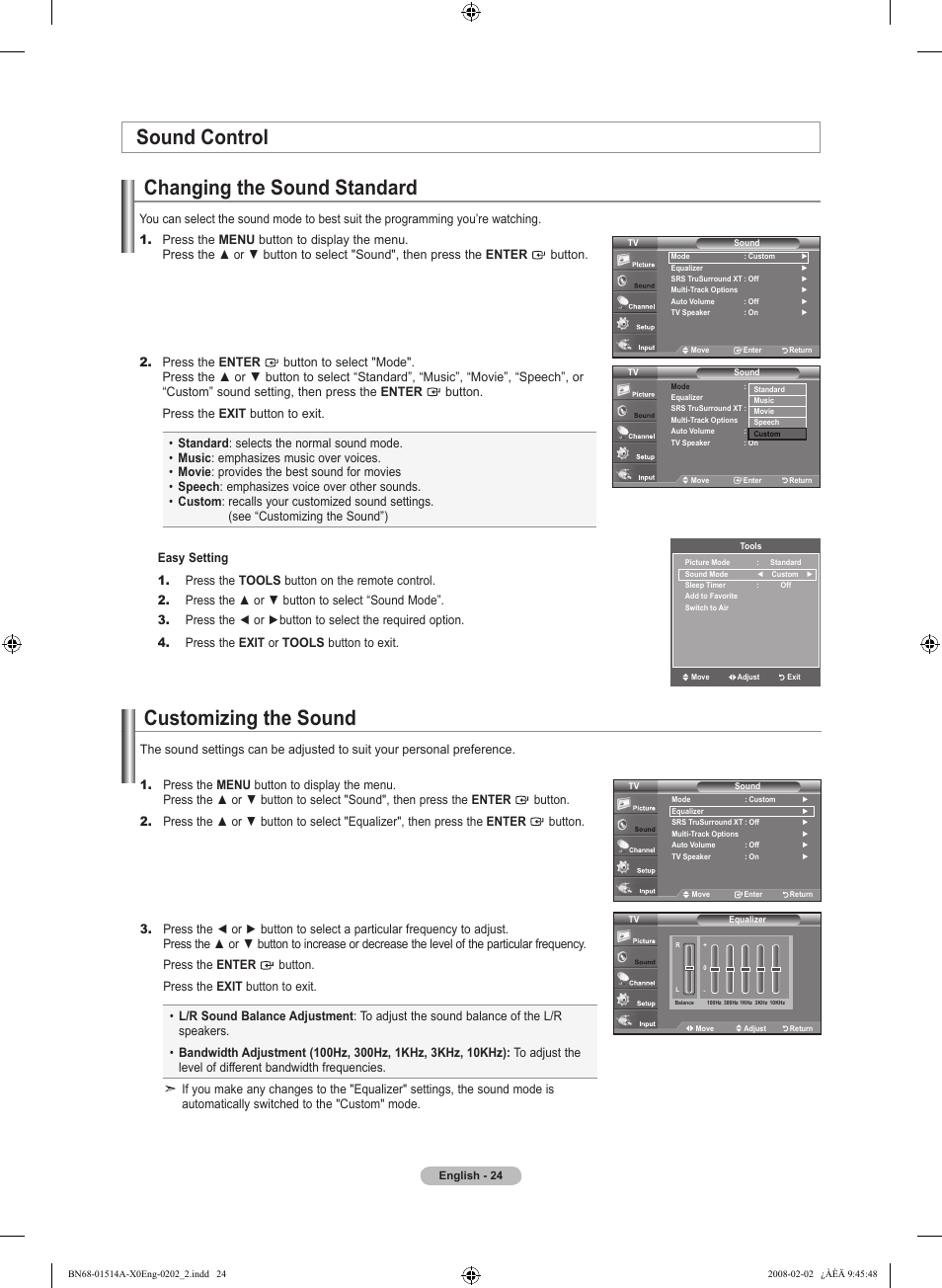 Sound control, Changing the sound standard, Customizing the sound | Samsung LN37A330J1DXZA User Manual | Page 26 / 129