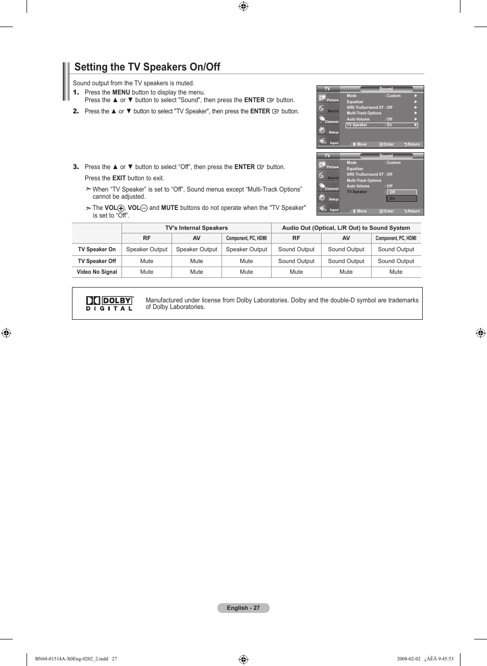 Setting the tv speakers on/off | Samsung LN37A330J1DXZA User Manual | Page 29 / 129