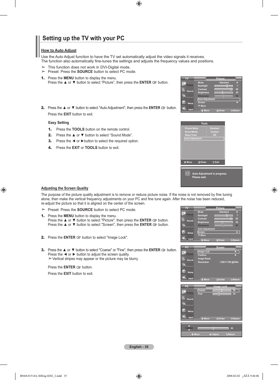 Setting up the tv with your pc, This function does not work in dvi-digital mode | Samsung LN37A330J1DXZA User Manual | Page 37 / 129
