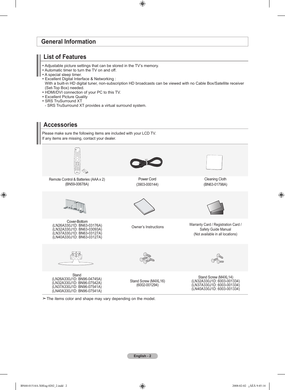 General information, List of features, Accessories | General information list of features | Samsung LN37A330J1DXZA User Manual | Page 4 / 129