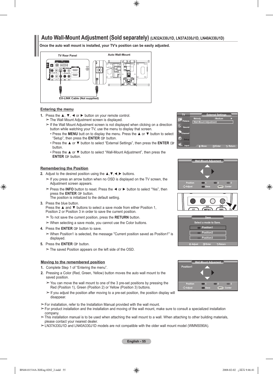 Auto wall-mount adjustment (sold separately) | Samsung LN37A330J1DXZA User Manual | Page 57 / 129
