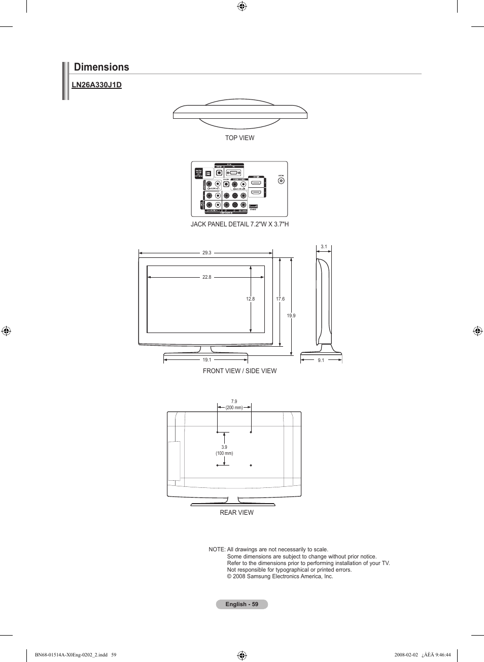 Dimensions | Samsung LN37A330J1DXZA User Manual | Page 61 / 129