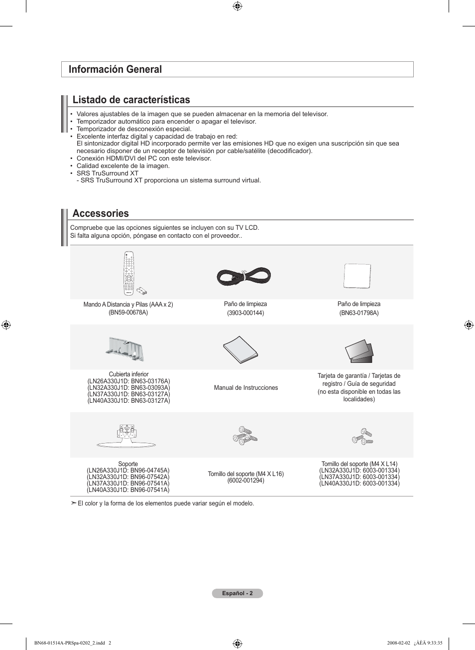 Información general listado de características, Accessories | Samsung LN37A330J1DXZA User Manual | Page 68 / 129