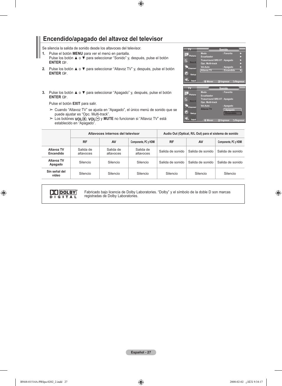Encendido/apagado del altavoz del televisor | Samsung LN37A330J1DXZA User Manual | Page 93 / 129