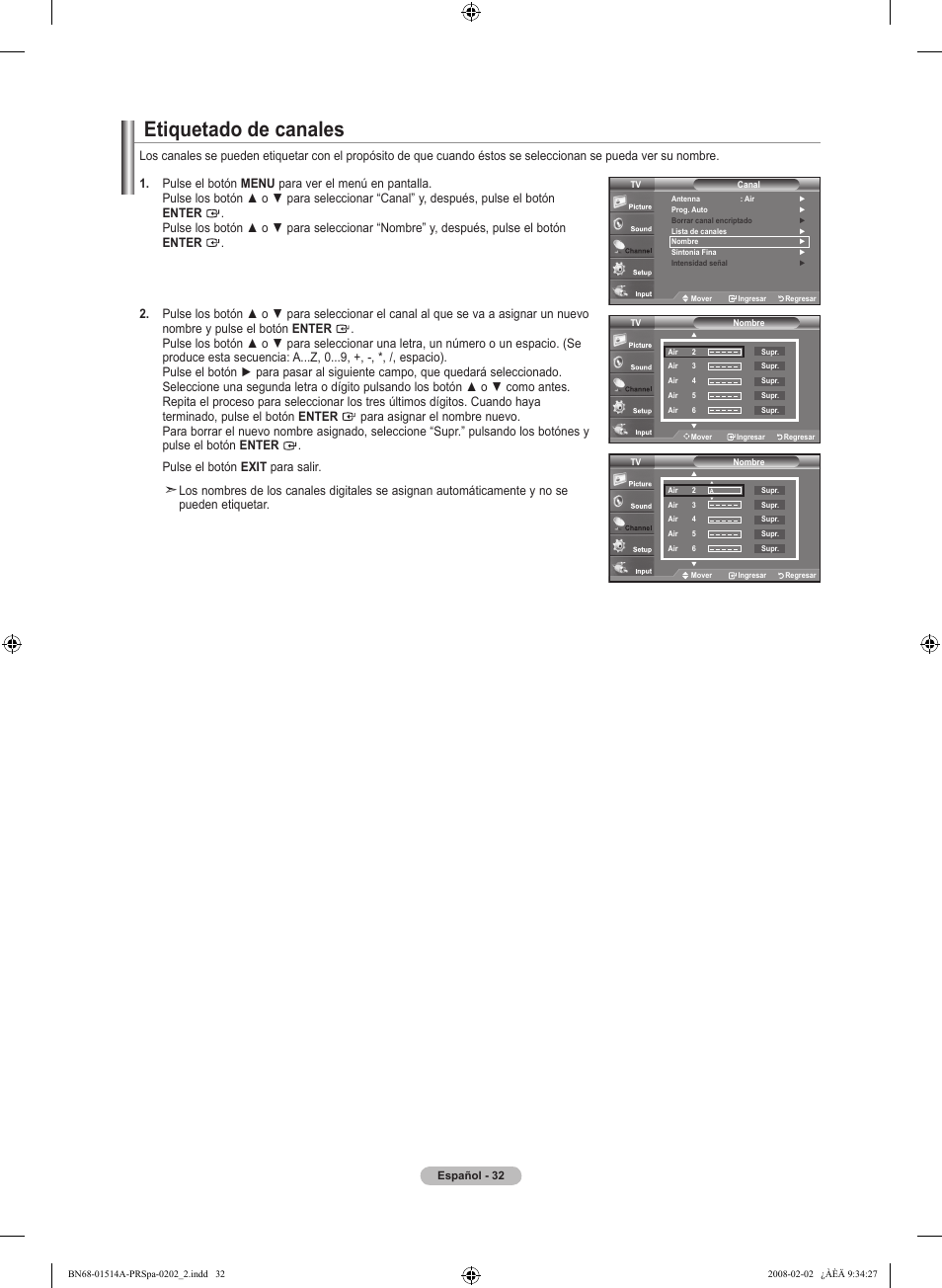 Etiquetado de canales | Samsung LN37A330J1DXZA User Manual | Page 98 / 129