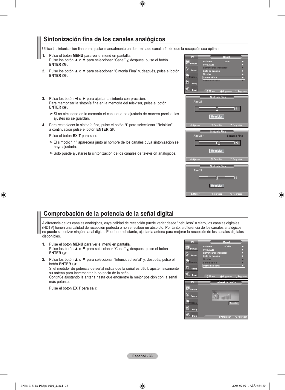 Sintonización fina de los canales analógicos, Comprobación de la potencia de la señal digital | Samsung LN37A330J1DXZA User Manual | Page 99 / 129