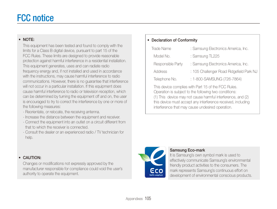 Fcc notice | Samsung EC-TL225ZBPLUS User Manual | Page 106 / 110