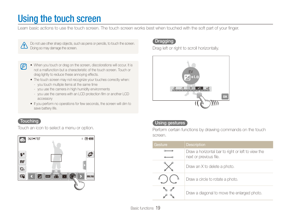 Using the touch screen | Samsung EC-TL225ZBPLUS User Manual | Page 20 / 110