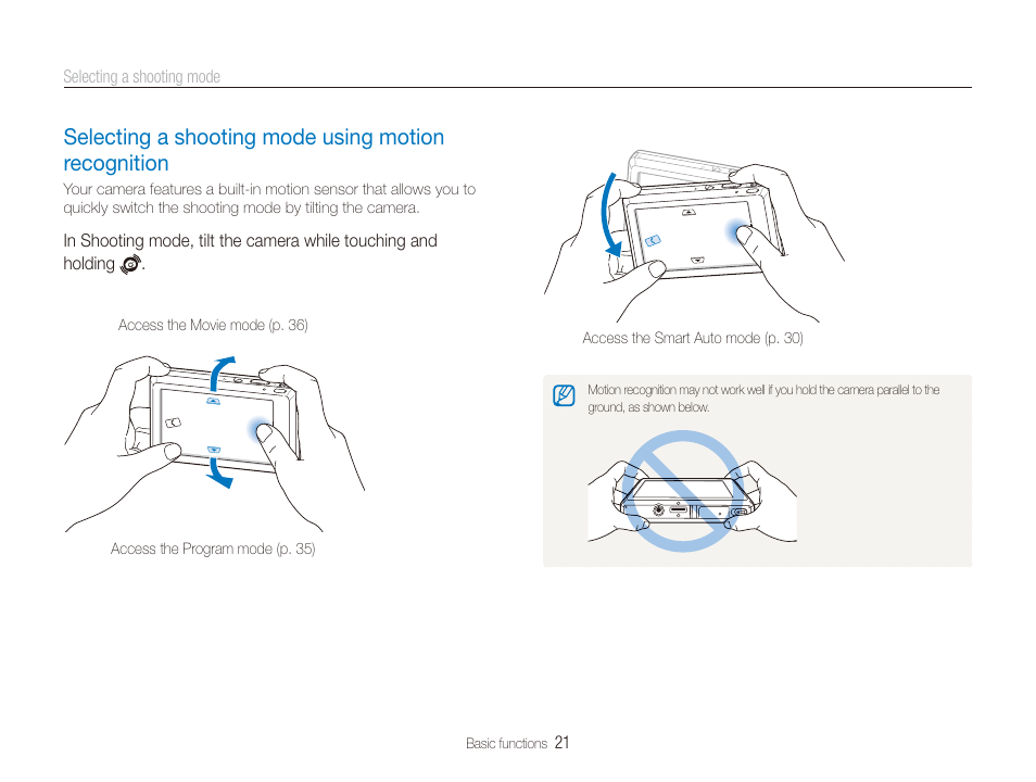 Selecting a shooting mode using motion recognition, Selecting a shooting mode using motion, Recognition ……………………………………… 21 | Samsung EC-TL225ZBPLUS User Manual | Page 22 / 110