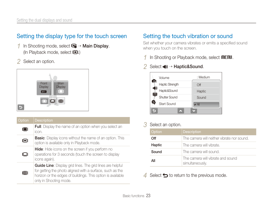 Setting the display type for the touch screen, Setting the touch vibration or sound, Setting the display type for the touch screen … 23 | Setting the touch vibration or sound ………… 23 | Samsung EC-TL225ZBPLUS User Manual | Page 24 / 110