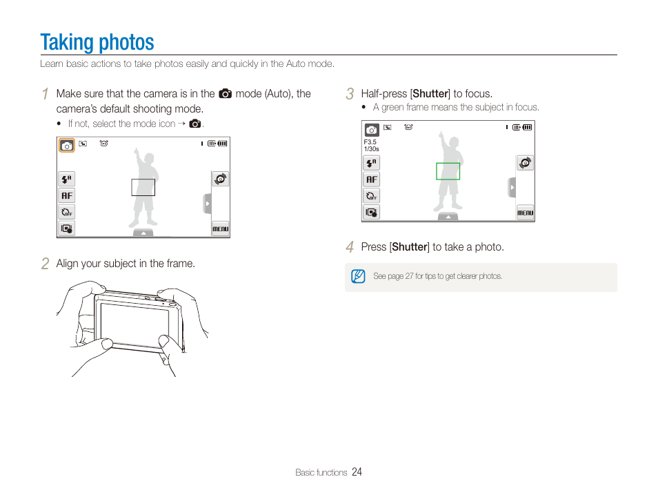 Taking photos, Settings. (p. 24) | Samsung EC-TL225ZBPLUS User Manual | Page 25 / 110