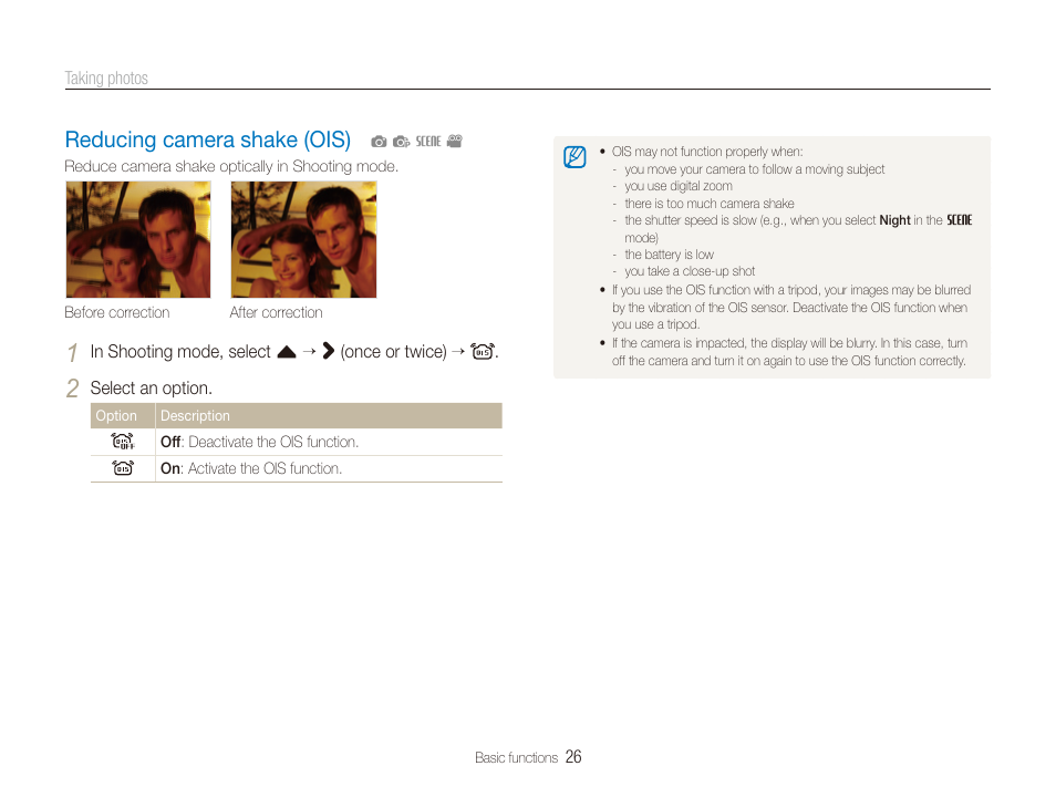 Reducing camera shake (ois), Reducing camera shake (ois) ………………… 26 | Samsung EC-TL225ZBPLUS User Manual | Page 27 / 110