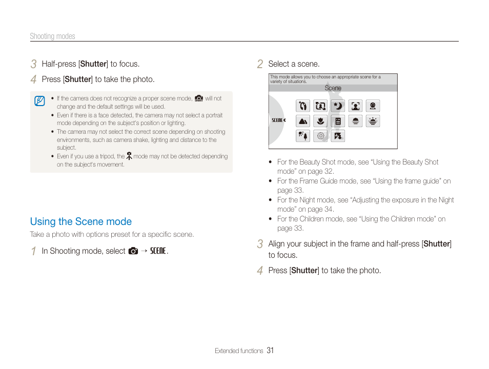 Using the scene mode, Mode. (p. 31), Scene. (p. 31) | Using the scene mode ……………………………………… 31 | Samsung EC-TL225ZBPLUS User Manual | Page 32 / 110