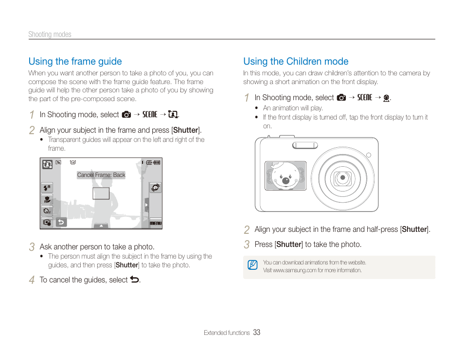Using the frame guide, Using the children mode, You take photos of children (p | Using the frame guide ……………………………………… 33, Using the children mode …………………………………… 33 | Samsung EC-TL225ZBPLUS User Manual | Page 34 / 110