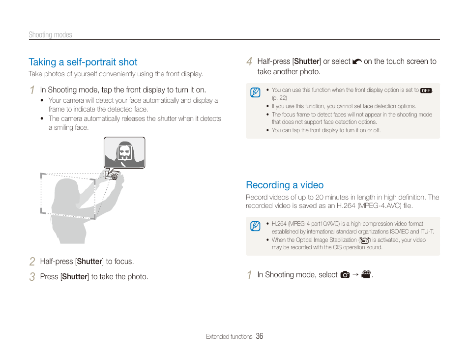 Taking a self-portrait shot, Recording a video, Record a video. (p. 36) | Taking a self-portrait shot …………………………………… 36, Recording a video …………………………………………… 36 | Samsung EC-TL225ZBPLUS User Manual | Page 37 / 110