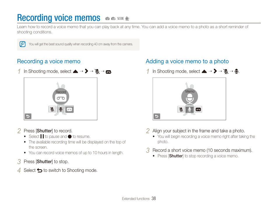 Recording voice memos, Recording a voice memo, Adding a voice memo to a photo | Recording a voice memo …………………………………… 38, Adding a voice memo to a photo ………………………… 38 | Samsung EC-TL225ZBPLUS User Manual | Page 39 / 110