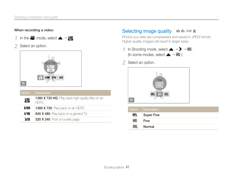 Selecting image quality, Selecting image quality ………………………… 41 | Samsung EC-TL225ZBPLUS User Manual | Page 42 / 110