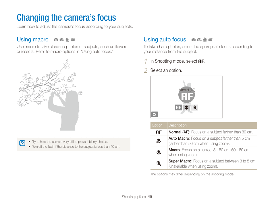 Changing the camera’s focus, Using macro, Using auto focus | Using macro …………………………………… 46, Using auto focus ……………………………… 46 | Samsung EC-TL225ZBPLUS User Manual | Page 47 / 110