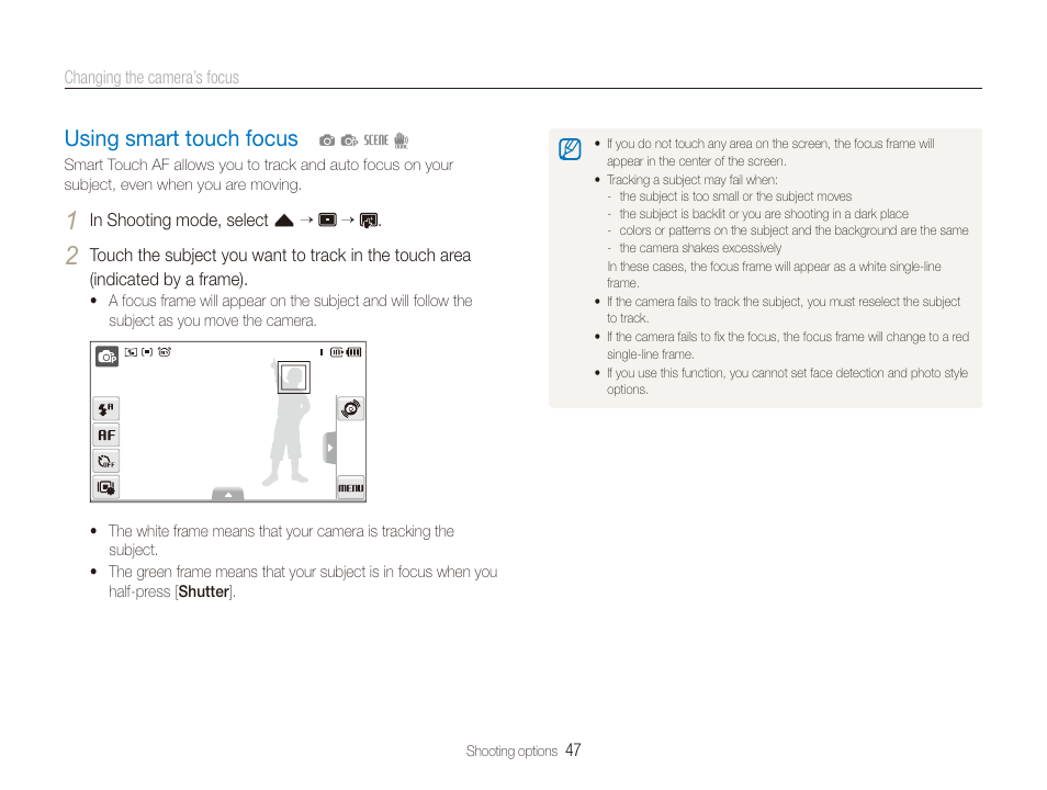 Using smart touch focus, Using smart touch focus ……………………… 47 | Samsung EC-TL225ZBPLUS User Manual | Page 48 / 110