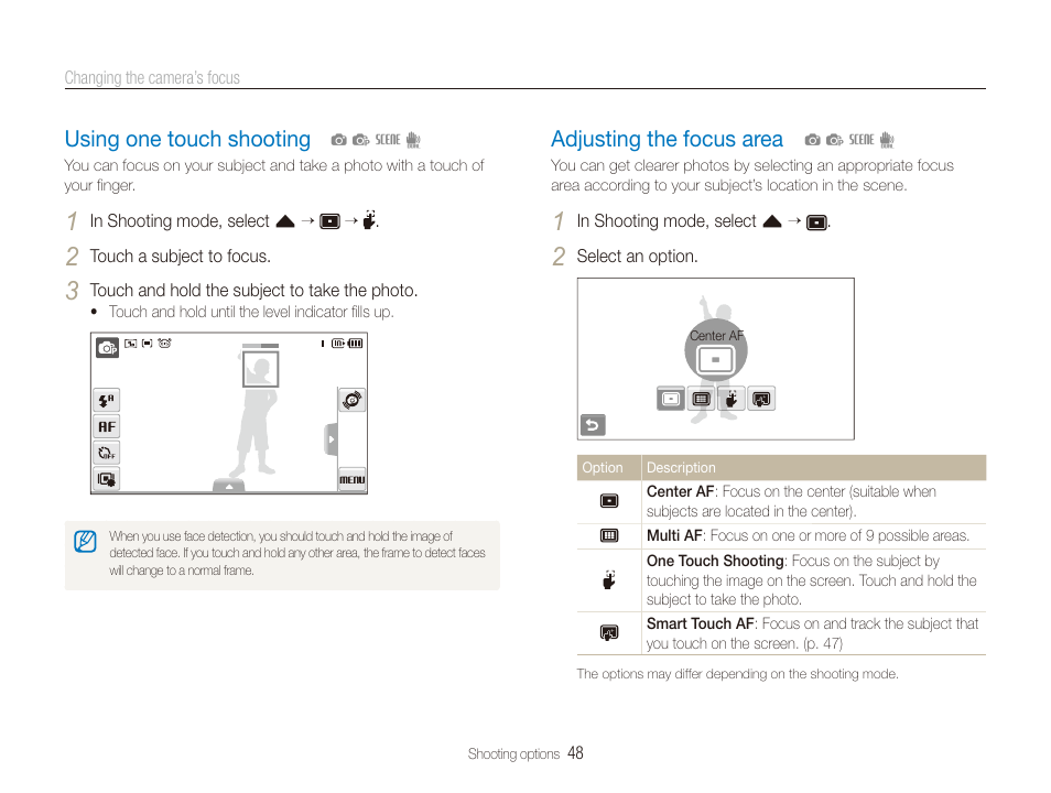 Using one touch shooting, Adjusting the focus area, Using one touch shooting …………………… 48 | Adjusting the focus area ……………………… 48 | Samsung EC-TL225ZBPLUS User Manual | Page 49 / 110