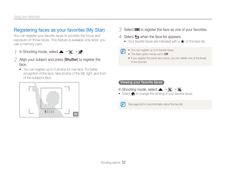 Registering faces as your favorites (my star), Registering faces as your favorites (my star) … 52 | Samsung EC-TL225ZBPLUS User Manual | Page 53 / 110