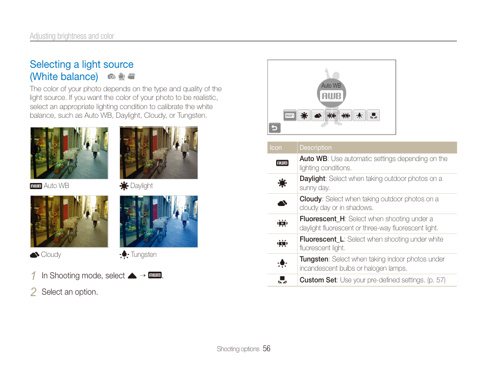 Selecting a light source (white balance), Selecting a light source (white balance) ……… 56 | Samsung EC-TL225ZBPLUS User Manual | Page 57 / 110