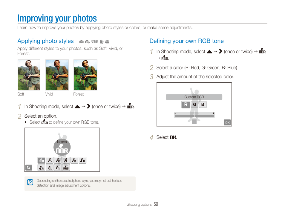 Improving your photos, Applying photo styles, Defining your own rgb tone | Deﬁning your own rgb tone, Applying photo styles ………………………… 59, Deﬁning your own rgb tone ………………… 59 | Samsung EC-TL225ZBPLUS User Manual | Page 60 / 110