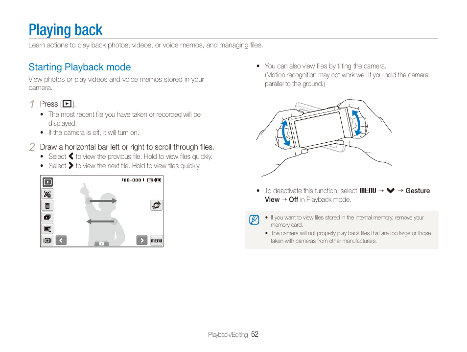 Playing back, Starting playback mode, Starting playback mode ……………………… 62 | Samsung EC-TL225ZBPLUS User Manual | Page 63 / 110