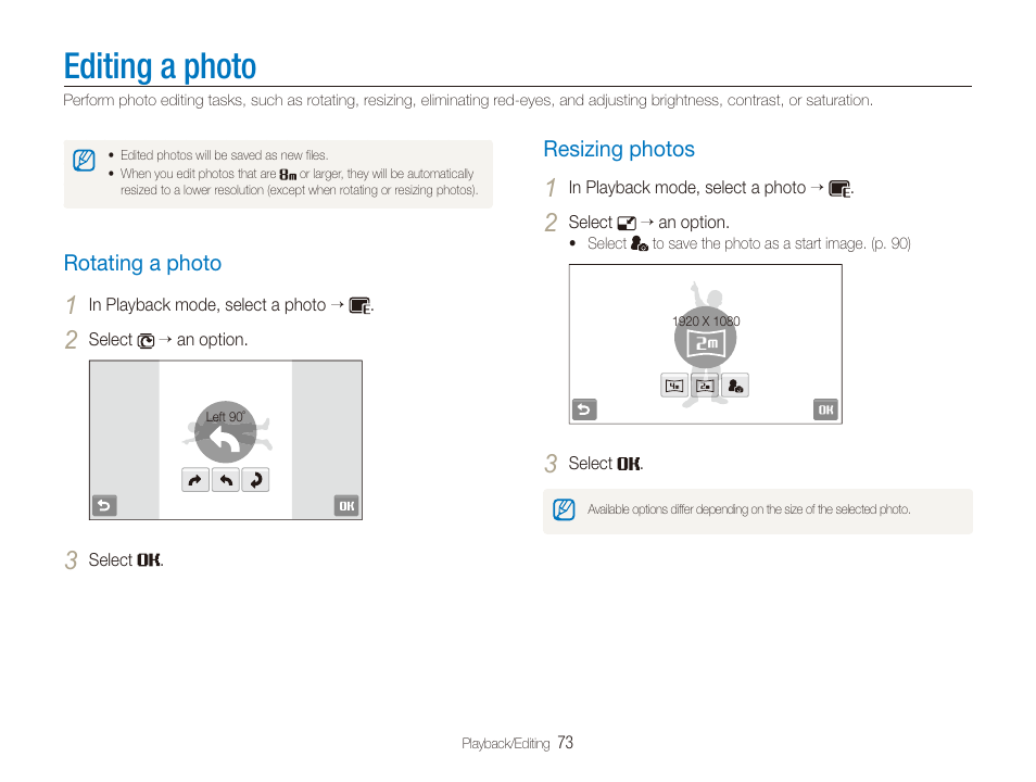 Editing a photo, Rotating a photo, Resizing photos | Rotating a photo ……………………………… 73, Resizing photos ……………………………… 73, Edit photos (p. 73) | Samsung EC-TL225ZBPLUS User Manual | Page 74 / 110