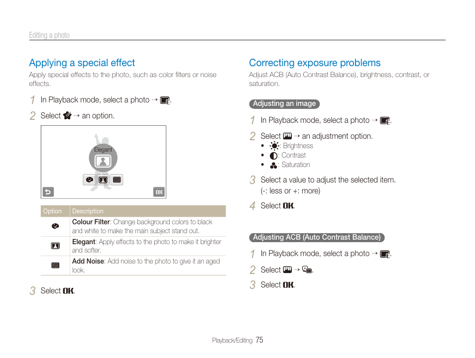 Applying a special effect, Correcting exposure problems, Applying a special effect ……………………… 75 | Correcting exposure problems ……………… 75 | Samsung EC-TL225ZBPLUS User Manual | Page 76 / 110