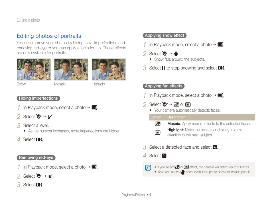 Editing photos of portraits, In the edit menu. (p. 76), Editing photos of portraits …………………… 76 | Samsung EC-TL225ZBPLUS User Manual | Page 77 / 110