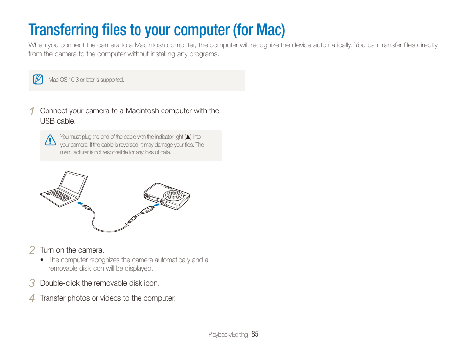 Transferring files to your computer (for mac), Transferring ﬁles to your computer (for mac), Transferring ﬁles to your computer | For mac) | Samsung EC-TL225ZBPLUS User Manual | Page 86 / 110