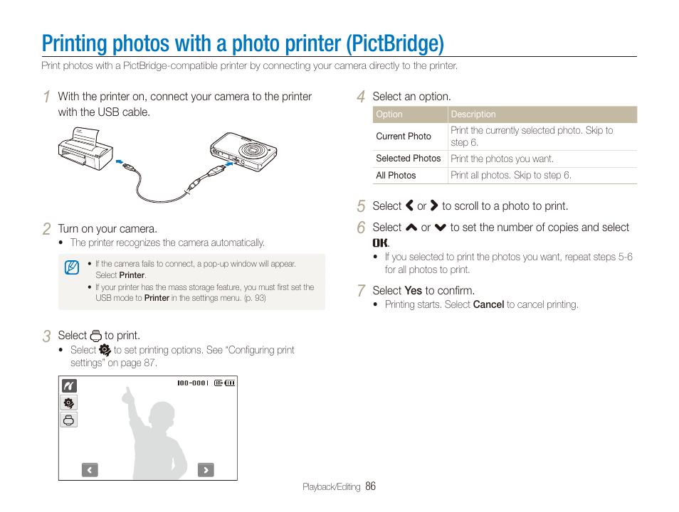 Printing photos with a photo printer (pictbridge), Printing photos with a photo printer, Pictbridge) | Samsung EC-TL225ZBPLUS User Manual | Page 87 / 110