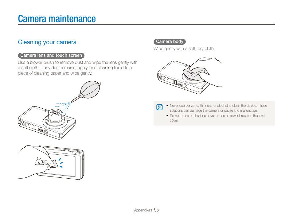 Camera maintenance, Cleaning your camera, Cleaning your camera ……………………………………… 95 | Samsung EC-TL225ZBPLUS User Manual | Page 96 / 110