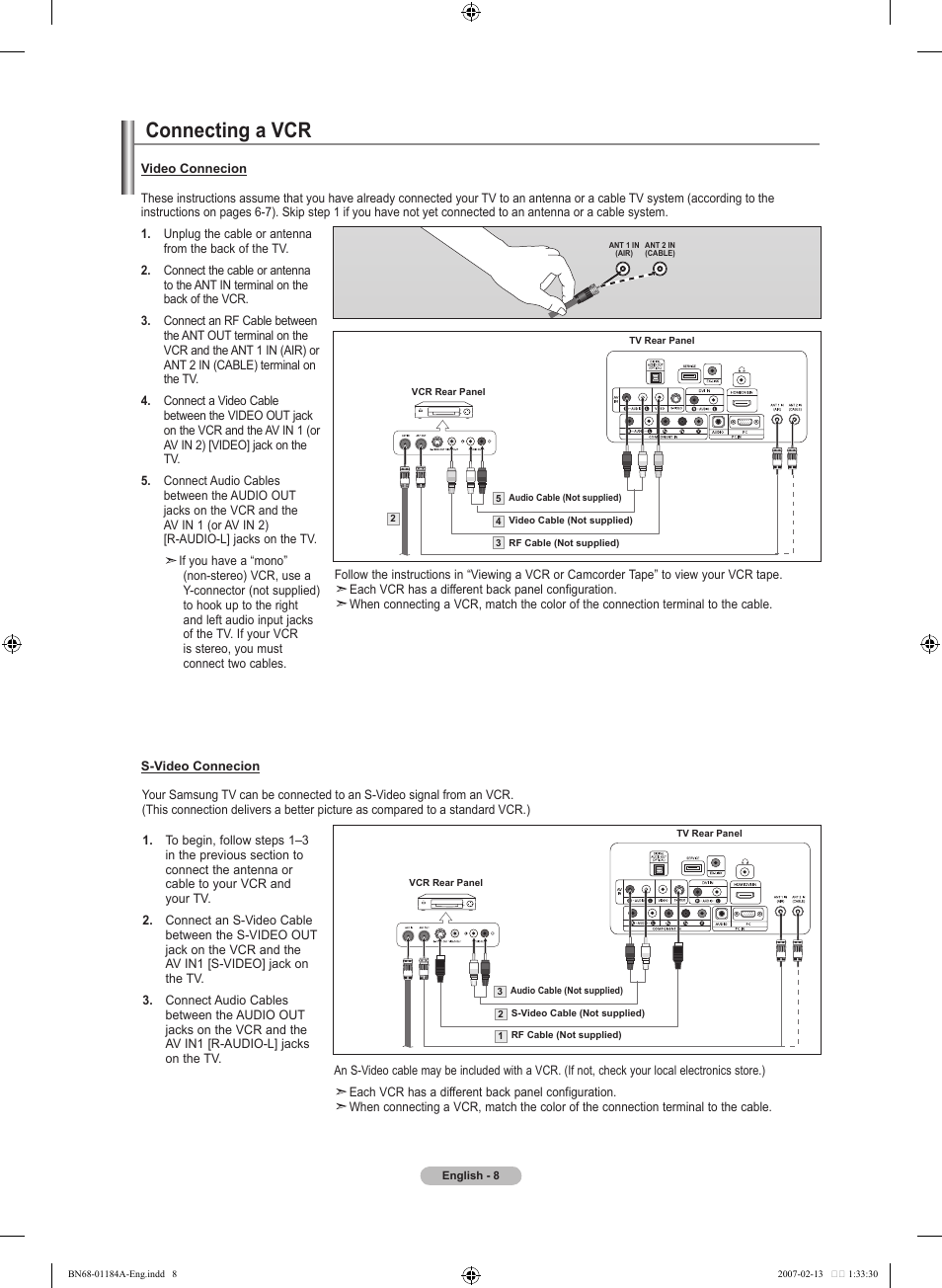 Connecting a vcr | Samsung LNT1954HX-XAA User Manual | Page 10 / 116