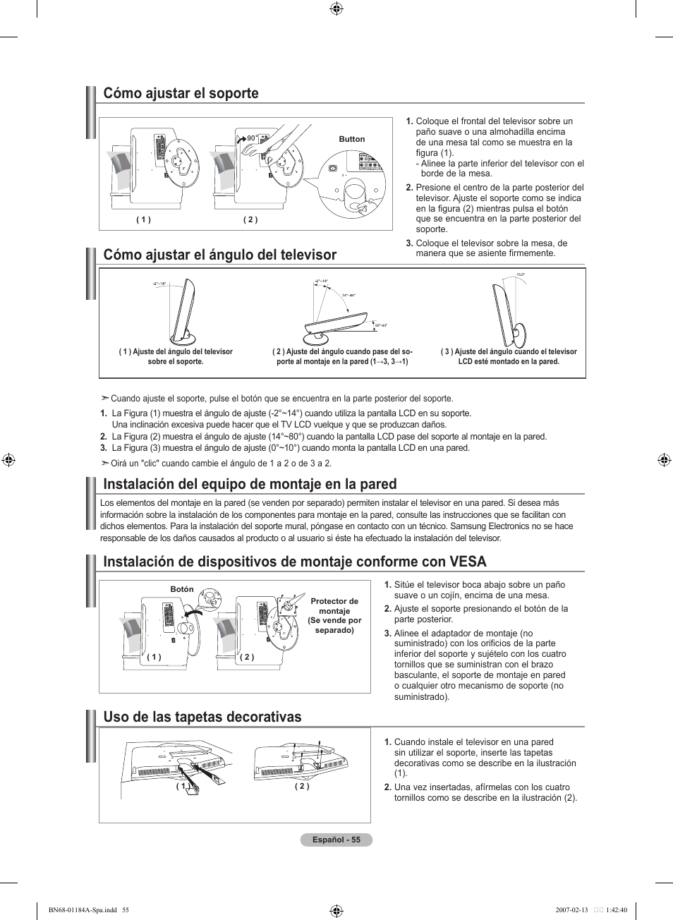 Cómo ajustar el soporte, Uso de las tapetas decorativas, Cómo ajustar el ángulo del televisor | Samsung LNT1954HX-XAA User Manual | Page 114 / 116